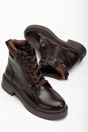 Kadın Kahverengi Cilt Bağcık Ve Fermuarlı Postal Bot