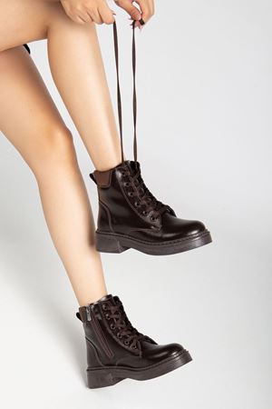 Kadın Kahverengi Cilt Bağcık Ve Fermuarlı Postal Bot