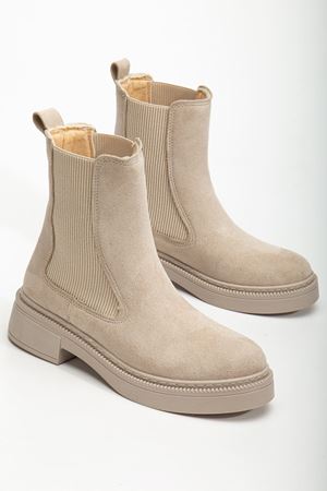 Kadın Lastikli Günlük Bej Süet Kalın Tabanlı Bot 