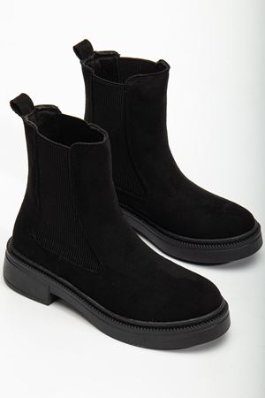Kadın Lastikli Günlük Siyah Süet Kalın Tabanlı Bot