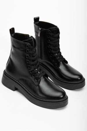 Kadın Parlak Günlük Siyah Cilt Kalın Tabanlı Postal Bot 