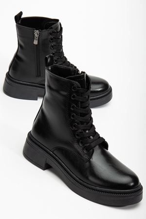 Kadın Parlak Günlük Siyah Cilt Kalın Tabanlı Postal Bot 