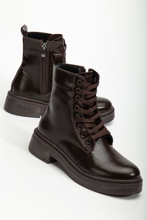 Kadın Parlak Günlük Kahverengi Cilt Kalın Tabanlı Postal Bot 