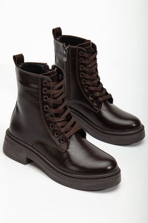 Kadın Parlak Günlük Kahverengi Cilt Kalın Tabanlı Postal Bot 