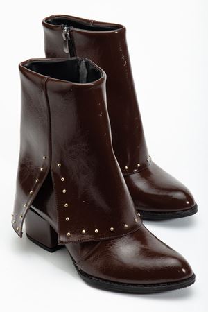 Kadın Sivri Burun Kahverengi Parlak Detaylı Topuklu Bot  