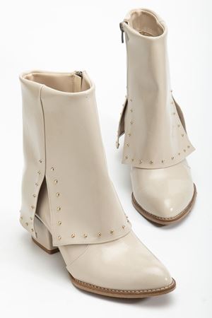 Kadın Sivri Burun Bej Parlak Detaylı Topuklu Bot  