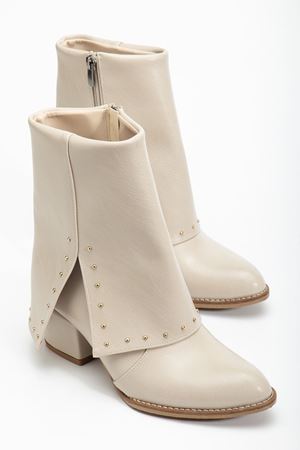 Kadın Sivri Burun Bej Cilt Detaylı Topuklu Bot 