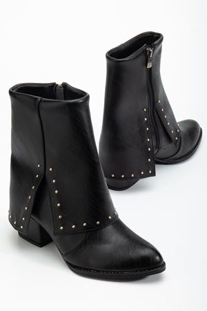 Kadın Sivri Burun Siyah Cilt Detaylı Topuklu Bot  