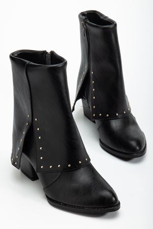 Kadın Sivri Burun Siyah Cilt Detaylı Topuklu Bot  