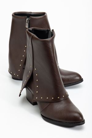 Kadın Sivri Burun Kahverengi Cilt Detaylı Topuklu Bot   