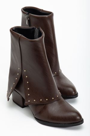 Kadın Sivri Burun Kahverengi Cilt Detaylı Topuklu Bot   