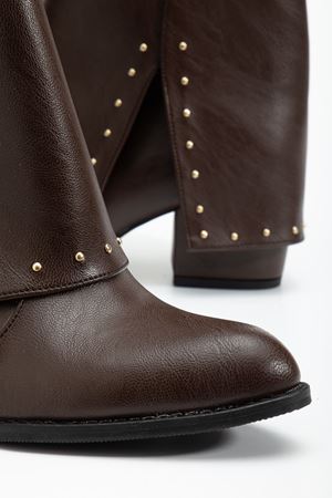 Kadın Sivri Burun Kahverengi Cilt Detaylı Topuklu Bot   