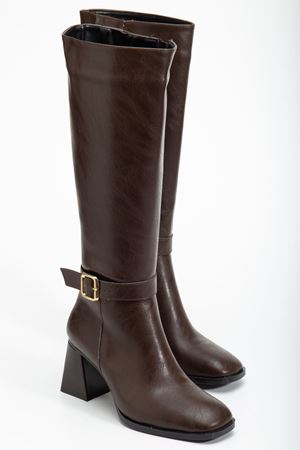 Kadın Kahverengi Cilt Küt Burun Diz Altı Topuklu Çizme