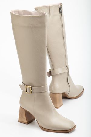 Kadın Bej Cilt Küt Burun Diz Altı Topuklu Çizme 