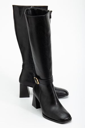 Kadın Siyah Cilt Küt Burun Diz Altı Topuklu Çizme