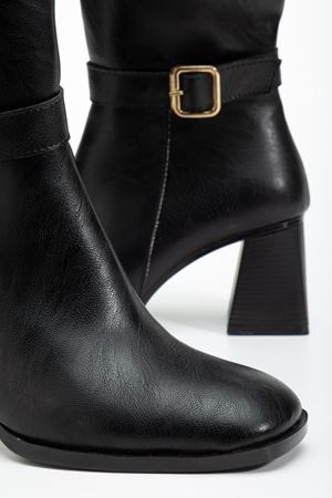 Kadın Siyah Cilt Küt Burun Diz Altı Topuklu Çizme