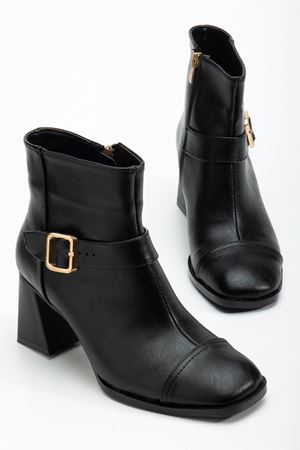 Kadın Siyah Küt Burun Tokalı Topuklu Bot