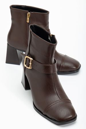 Kadın Kahverengi Küt Burun Tokalı Topuklu Bot