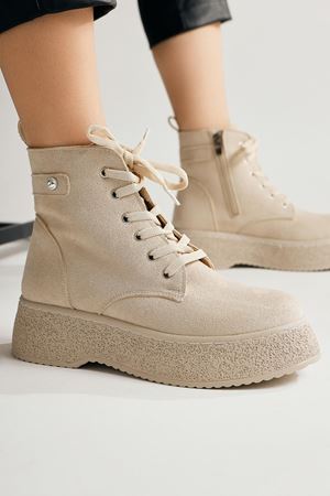 Kadın Postal Bot Bağcıklı Yandan Fermuarlı Bej Termo Kaymaz Taban 