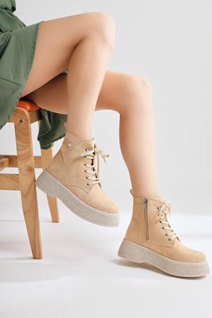 Kadın Postal Bot Bağcıklı Yandan Fermuarlı Nude Termo Kaymaz Taban