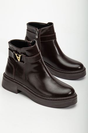 Kadın Tokalı Soğuk Geçirmez Parlak Kahverengi Kışlık Bot  