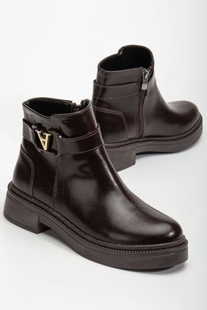 Kadın Tokalı Soğuk Geçirmez Parlak Kahverengi Kışlık Bot  