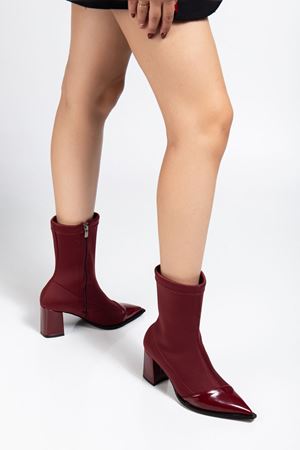 Kadın Bordo Streç Rugan Bilekli Orta Boy Topuklu Bot 