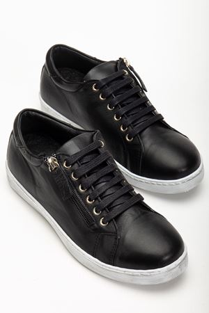 Kadın Siyah Hakiki Deri Yandan Fermuarlı Bağcıklı Spor Ayakkabı