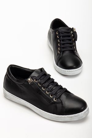 Kadın Siyah Hakiki Deri Yandan Fermuarlı Bağcıklı Spor Ayakkabı