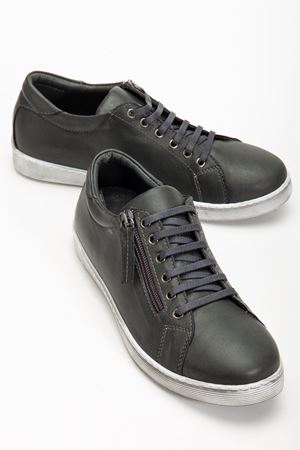 Kadın Füme Hakiki Deri Yandan Fermuarlı Bağcıklı Spor Ayakkabı