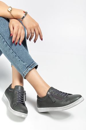 Kadın Füme Hakiki Deri Yandan Fermuarlı Bağcıklı Spor Ayakkabı