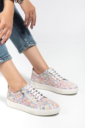 Kadın Çok Renkli Hakiki Deri Yandan Fermuarlı Bağcıklı Spor Ayakkabı