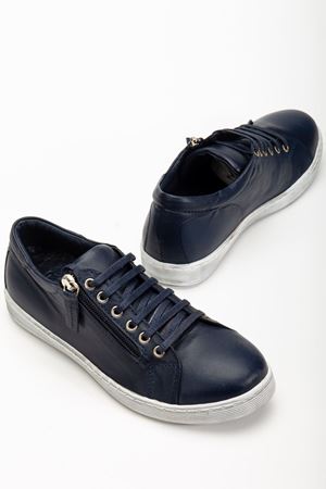 Kadın Lacivert Hakiki Deri Yandan Fermuarlı Bağcıklı Spor Ayakkabı  