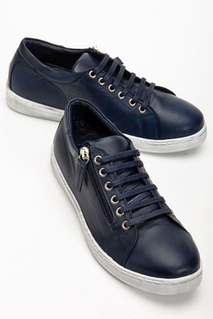 Kadın Lacivert Hakiki Deri Yandan Fermuarlı Bağcıklı Spor Ayakkabı  