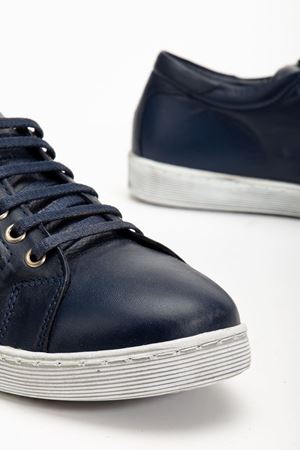 Kadın Lacivert Hakiki Deri Yandan Fermuarlı Bağcıklı Spor Ayakkabı  