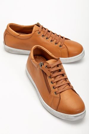 Kadın Taba Hakiki Deri Yandan Fermuarlı Bağcıklı Spor Ayakkabı  