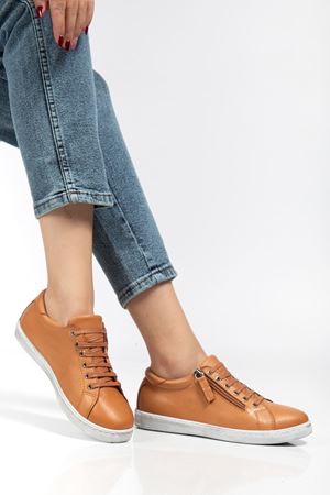 Kadın Taba Hakiki Deri Yandan Fermuarlı Bağcıklı Spor Ayakkabı  