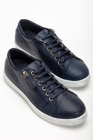 Kadın Lacivert Hakiki Deri Delikli Spor Ayakkabı  