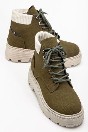 Kadın Haki Süet Bağcıklı Kaymaz Taban Bot