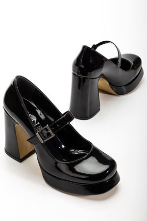 Kadın Siyah Rugan Özel Tasarım Platform Topuklu Ayakabı