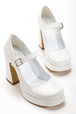 Kadın Beyaz Rugan Özel Tasarım Platform Topuklu Ayakabı 