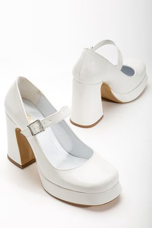 Kadın Beyaz Rugan Özel Tasarım Platform Topuklu Ayakabı 