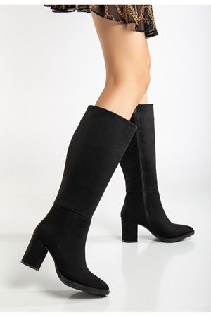 Kadın Siyah Süet Fermuarlı Sivri Burun Topuklu Uzun Çizme 