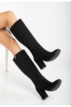Kadın Siyah Süet Fermuarlı Sivri Burun Topuklu Uzun Çizme 