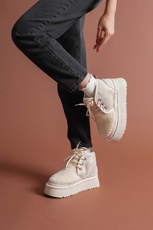 Teddy Kadın Kalın Taban Bej İçi Kürklü Süet Bot