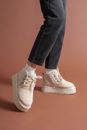 Teddy Kadın Kalın Taban Bej İçi Kürklü Süet Bot