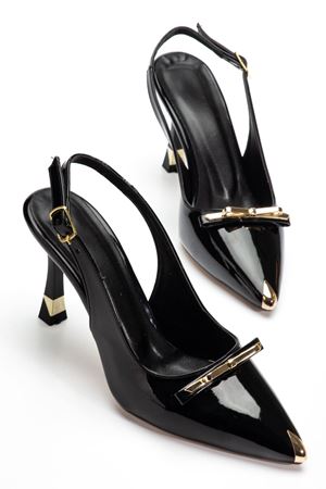 Kadın Siyah Rugan Gold Aksesuarlı Özel Tasarım İnce Topuklu Stiletto