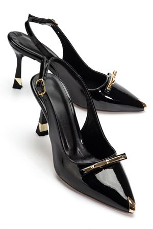 Kadın Siyah Rugan Gold Aksesuarlı Özel Tasarım İnce Topuklu Stiletto