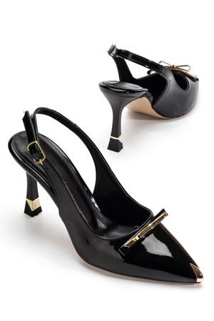 Kadın Siyah Rugan Gold Aksesuarlı Özel Tasarım İnce Topuklu Stiletto