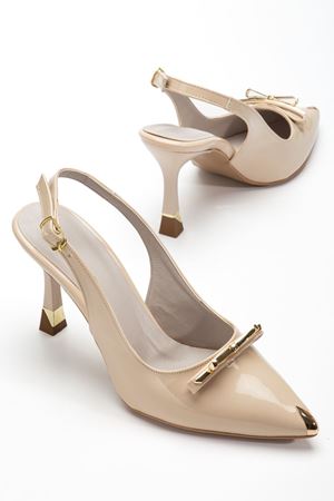 Kadın Bej Rugan Gold Aksesuarlı Özel Tasarım İnce Topuklu Stiletto 